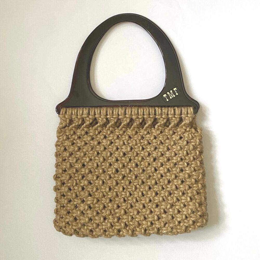 Vintage Macrame Beige Woven Handbag With Bakelite Lucite Handles Handmade Boho